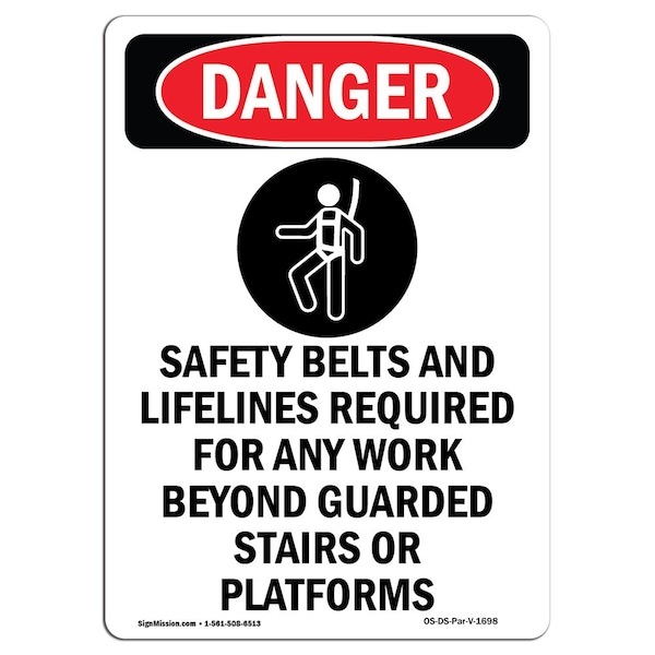 Signmission OSHA Danger Sign, Safety Belts And Lifelines, 10in X 7in Aluminum, 7" W, 10" H, Portrait OS-DS-A-710-V-1698 - main